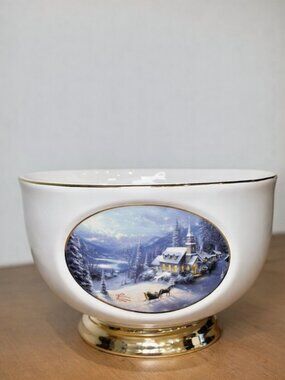 Thomas Kinkade Sunday Evening Sleigh Ride Bowl - Christmas Porcelain Teleflora